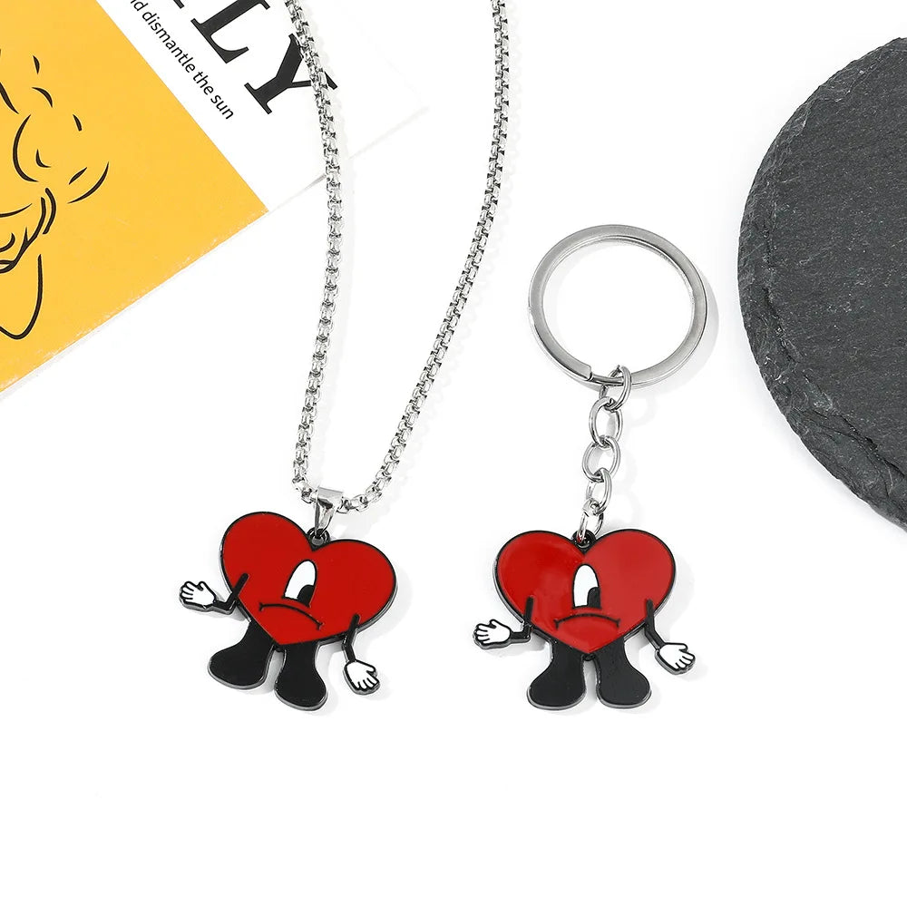 Hip Hop Trend Bad Bunny Necklace Cosplay Singer Rabbit Red Heart Pendant Neck Chain Cute keychain Decoration Jewelry Accessories