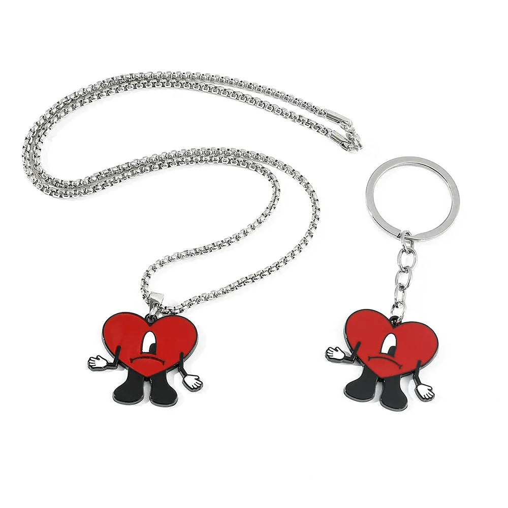 Hip Hop Trend Bad Bunny Necklace Cosplay Singer Rabbit Red Heart Pendant Neck Chain Cute keychain Decoration Jewelry Accessories