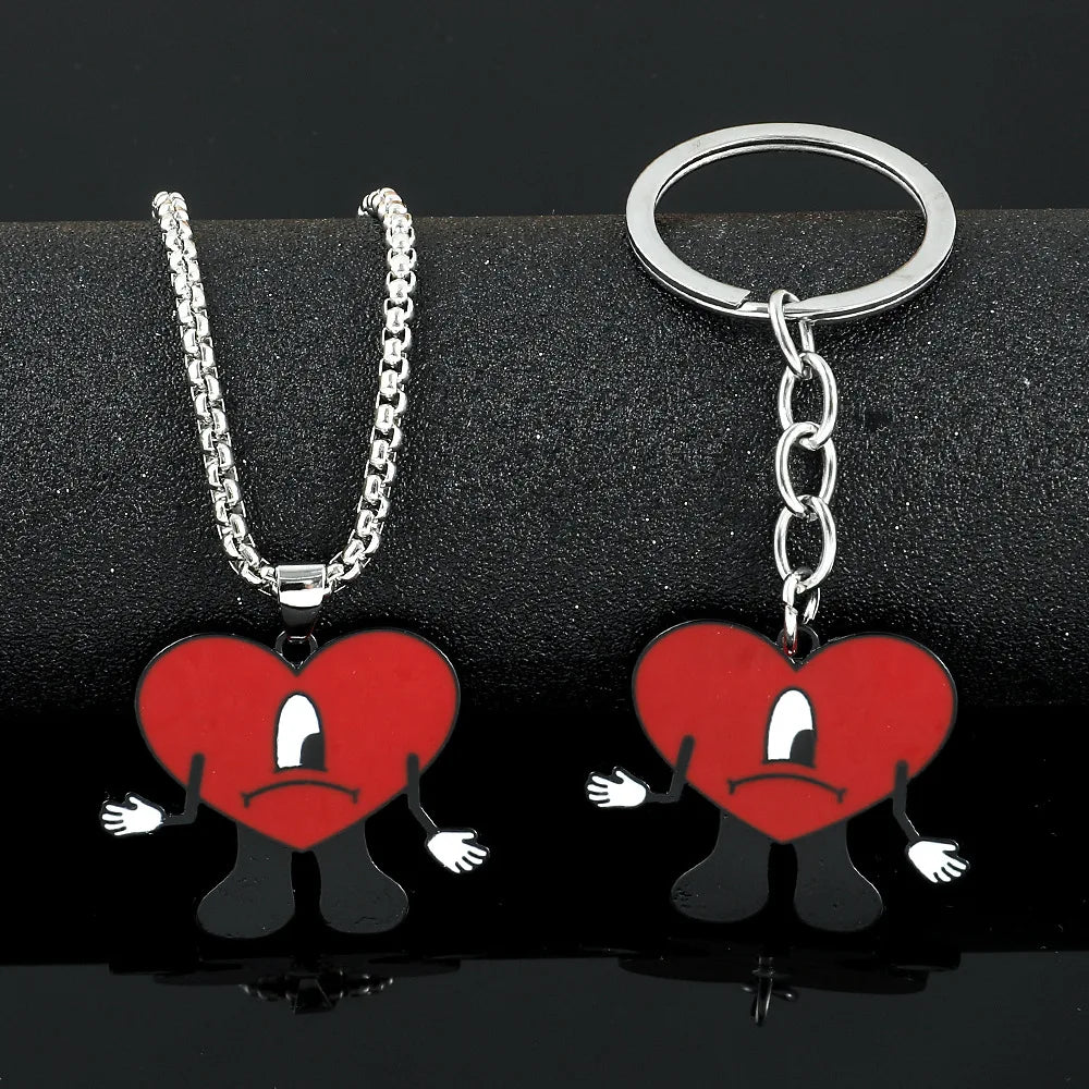 Hip Hop Trend Bad Bunny Necklace Cosplay Singer Rabbit Red Heart Pendant Neck Chain Cute keychain Decoration Jewelry Accessories