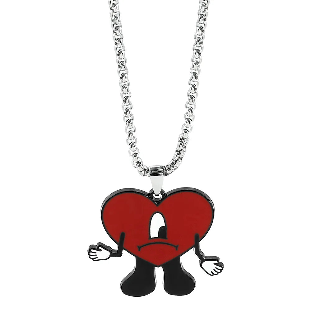 Hip Hop Trend Bad Bunny Necklace Cosplay Singer Rabbit Red Heart Pendant Neck Chain Cute keychain Decoration Jewelry Accessories
