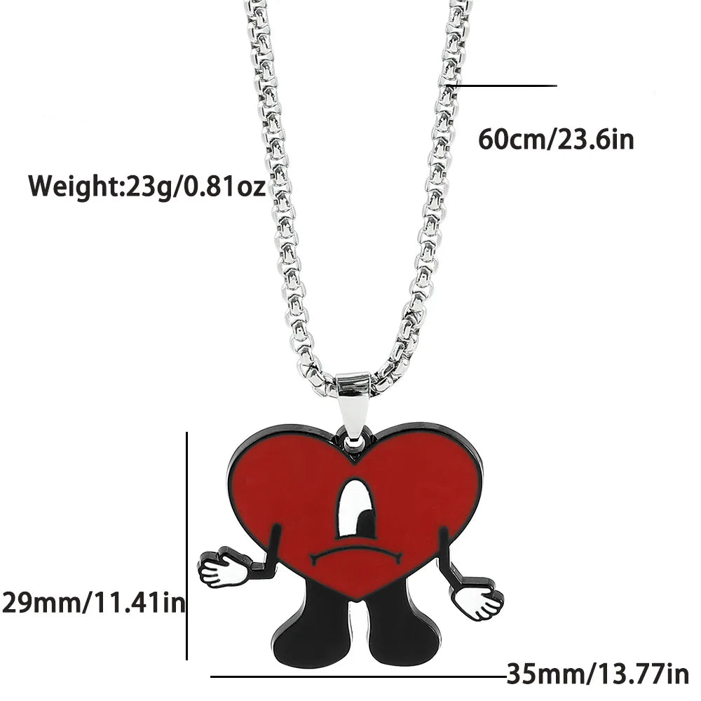 Hip Hop Trend Bad Bunny Necklace Cosplay Singer Rabbit Red Heart Pendant Neck Chain Cute keychain Decoration Jewelry Accessories
