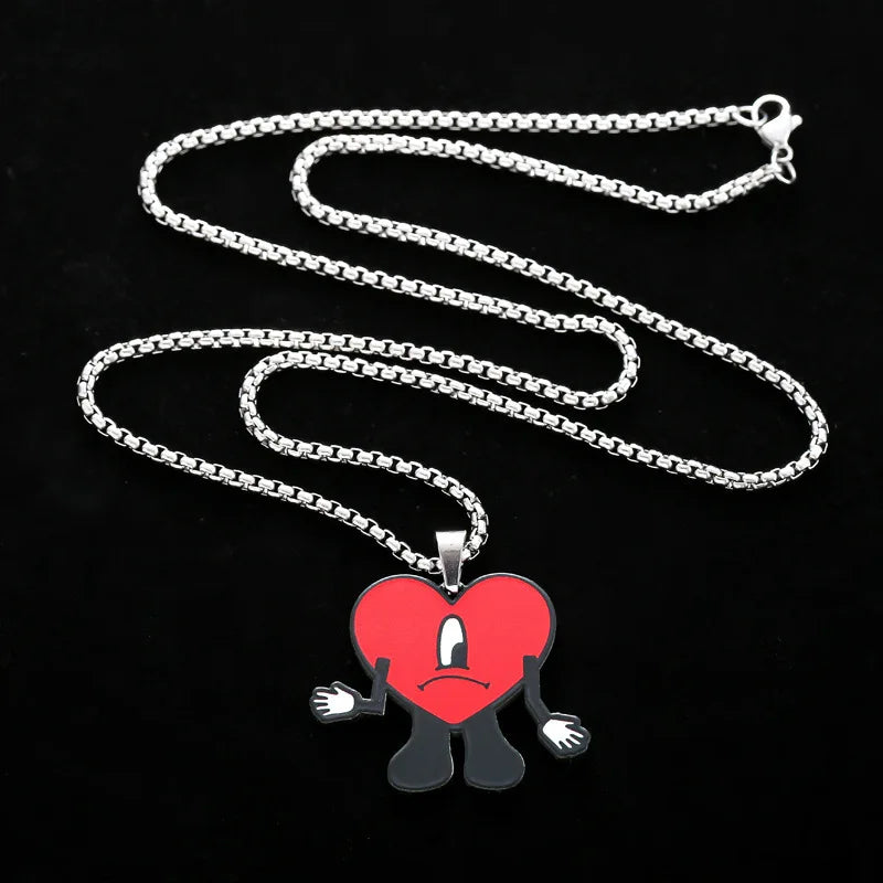 Hip Hop Trend Bad Bunny Necklace Cosplay Singer Rabbit Red Heart Pendant Neck Chain Cute keychain Decoration Jewelry Accessories